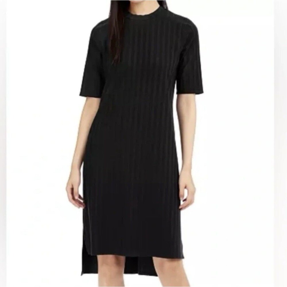 Eileen Fisher Black Tencel Ribbed Mock Neck Drop-Hem Midi Dress Womens sz M